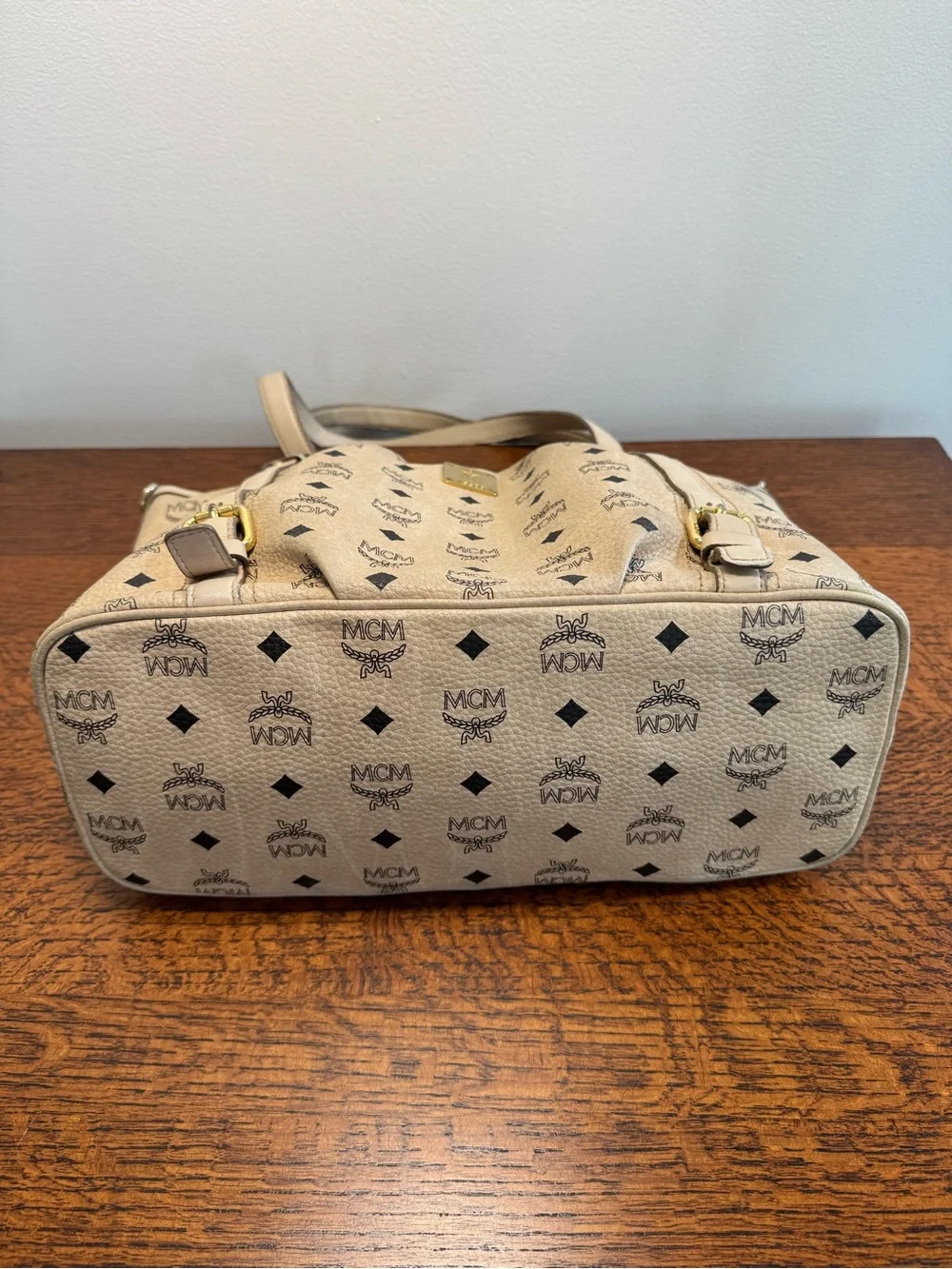 MCM Beige Visetos Monogram Pleated Coated Canvas Tote Bag with COA